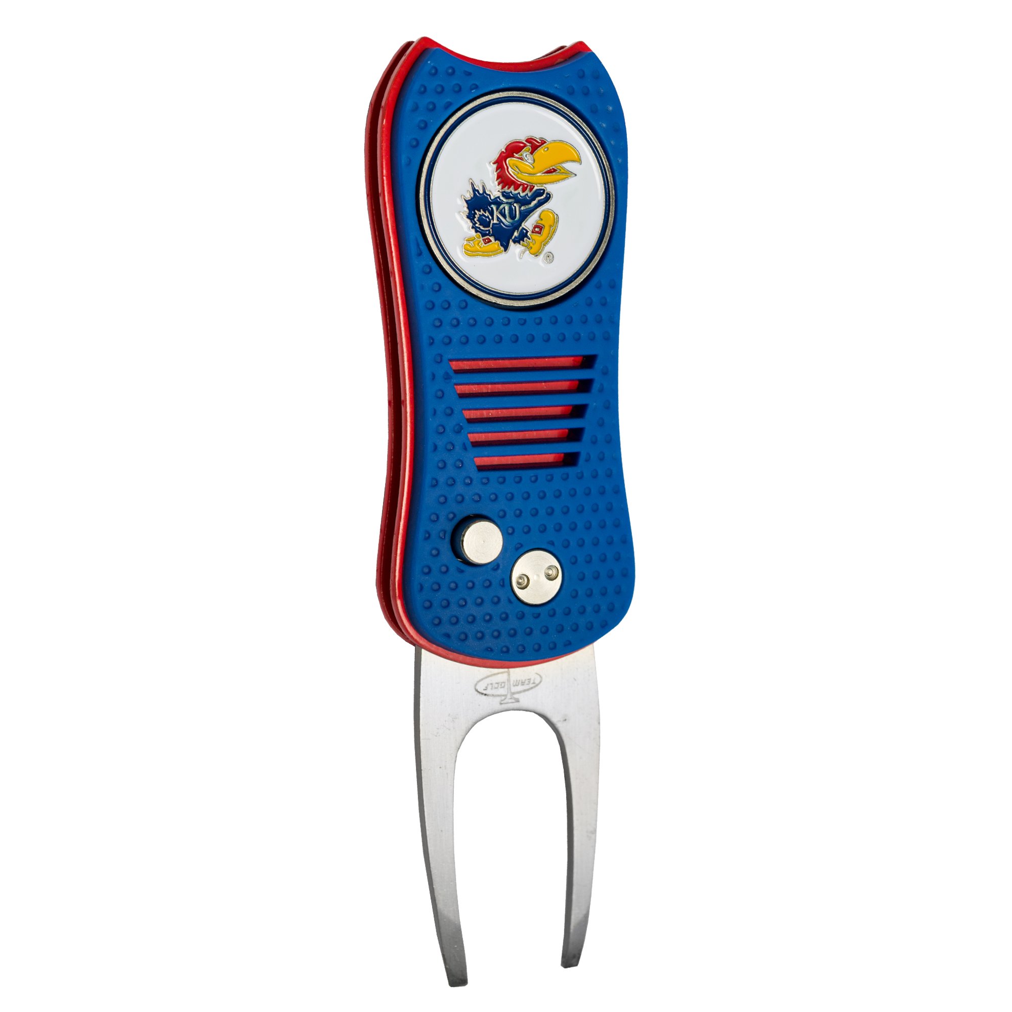 Team Golf NCAA Kansas Jayhawks Retractable Divot Tool with Double-Sided Magnetic Ball Marker, Features Patented Single Prong Design, Causes Less Damage to Greens
