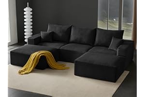 GERICCO Boneless Sectional Cloud Couch Sofa for Living Room, 112" U-Shaped Modular Modern Lounge Sleeper Black Couches with Chaise, No Assemble, Cordury Compression Upholstered Sofas