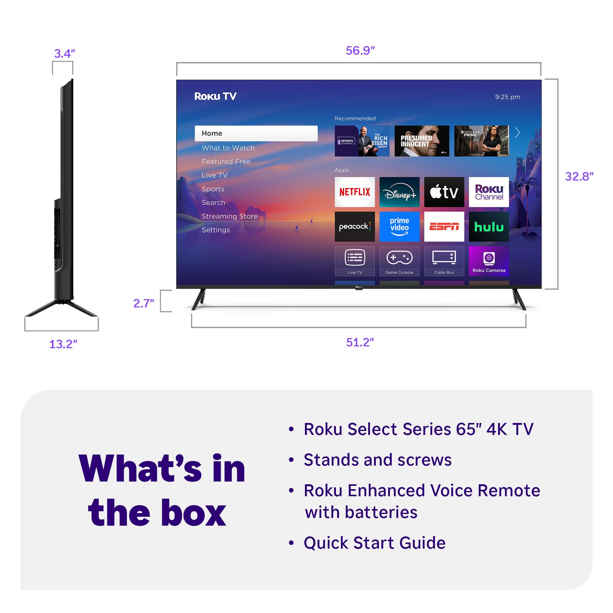 Roku Smart TV 2025 – 65-Inch Select Series, 4K HDR TV – RokuTV with Enhanced Voice Remote – Flat Screen LED Television with Wi-Fi for Streaming Live Local News, Sports, Family Entertainment