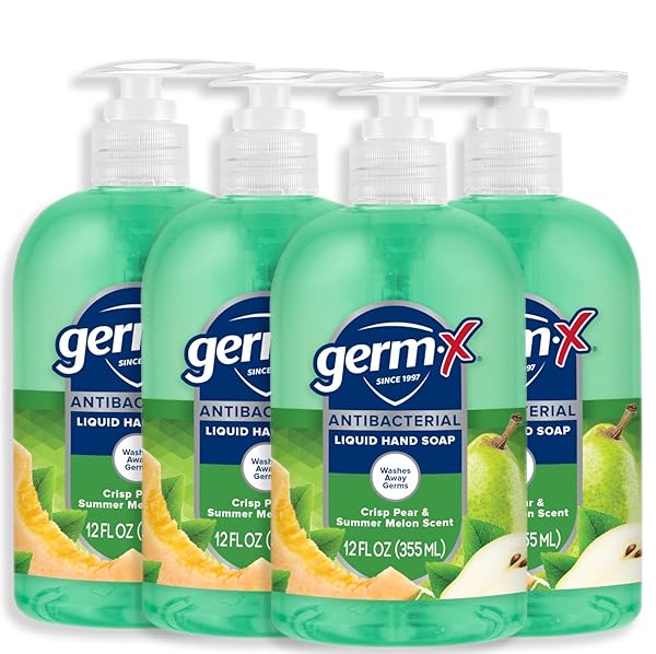 GERM-X ANTIBACTERIAL HAND SOAP, 12 OZ (PACK 4), MOISTURIZING LIQUID HAND WASH FOR KITCHEN OR BATHROOM, PH BALANCED & DERMATOLOGIST TESTED, CRISP PEAR & SUMMER MELON SCENT, PUMP BOTTLE