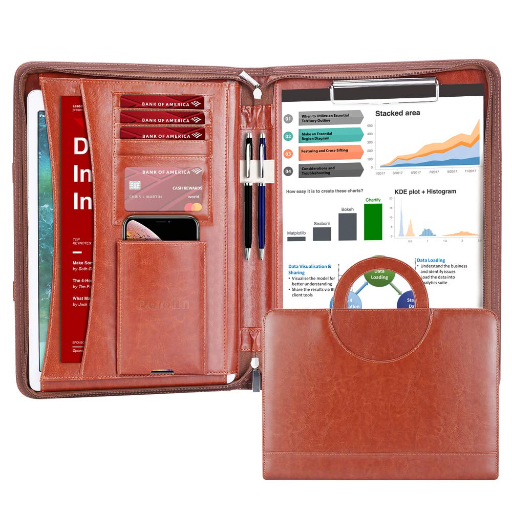 Darolin Zippered Leather Padfolio Portfolio Case with [Hidden Handle] and [Clipboard], Business Conference Portfolio Organizer Notepad Folder, Portfolio Bag, Portfolio Padfolio for Women/Men (Brown)