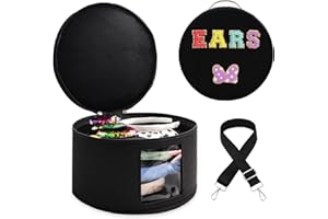 GJULRFU Chenille Letter Bow Mouse Ears Travel Case,Large Round Tiara Tote Storage Box,Headband Ears Display Storage Box with Shoulder Straps for Hairband,Tiara and Hair Accessories Storage Travel Picnic Park