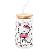 Silver Buffalo Sanrio Hello Kitty Strawberry Glass Jar Tumbler with Bamboo Lid and Glass Straw, 16 Ounces