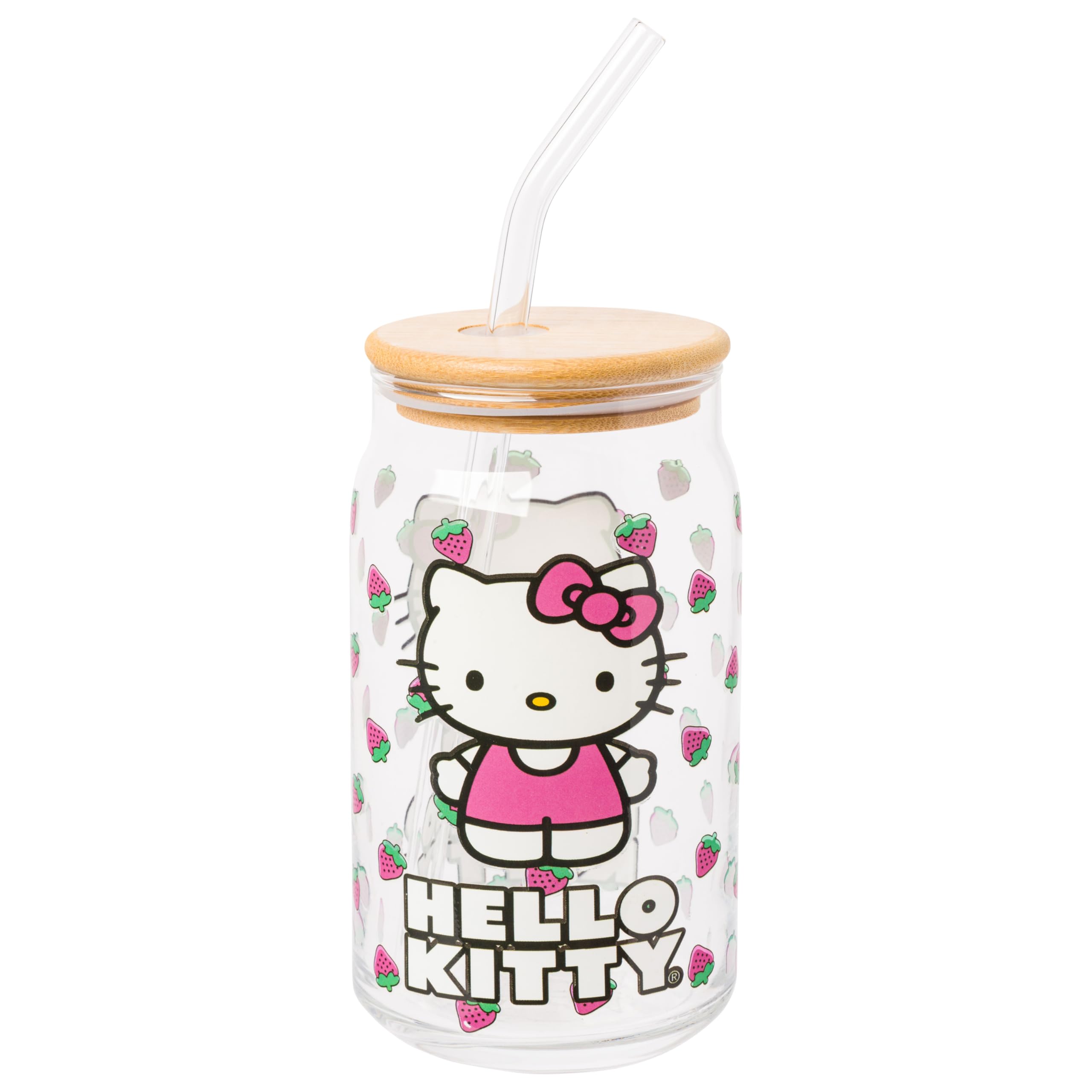 Photo 1 of Silver Buffalo Sanrio Hello Kitty Strawberry Glass Jar Tumbler with Bamboo Lid and Glass Straw, 16 Ounces