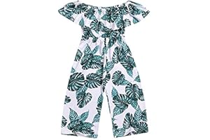 BOEBNOZCV Toddler Kids Girls Palm Leaf Wide Leg Jumpsuit Ruffle Off-Shoulder Romper Overalls Hawaii Outfit Clothing