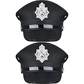 SATINIOR 2 Pcs Black Police Officer Hat Cop Hat Halloween Cosplay Costume | Adult Captain Cap, Police Peaked Cap with Metal Badge, Dress up Accessories for Role Play Party