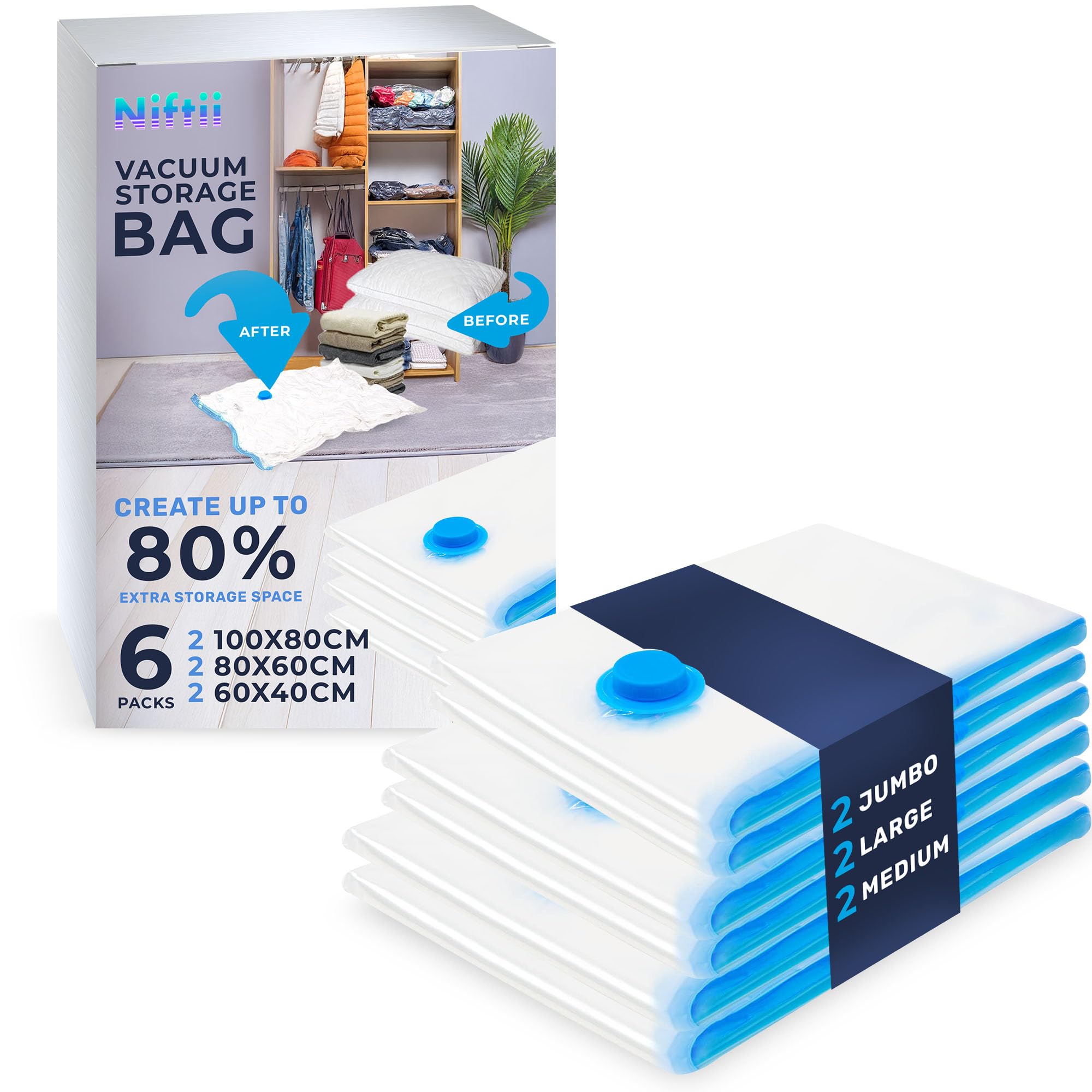 NIFTII Vacuum Storage Bags 6 Pack, Mixed Sizes - Space Saver for Clothes, 80% More Storage with Airtight, Waterproof, Double-Zip Seal, Durable Packing Bags for Duvets, Bedding & Travel