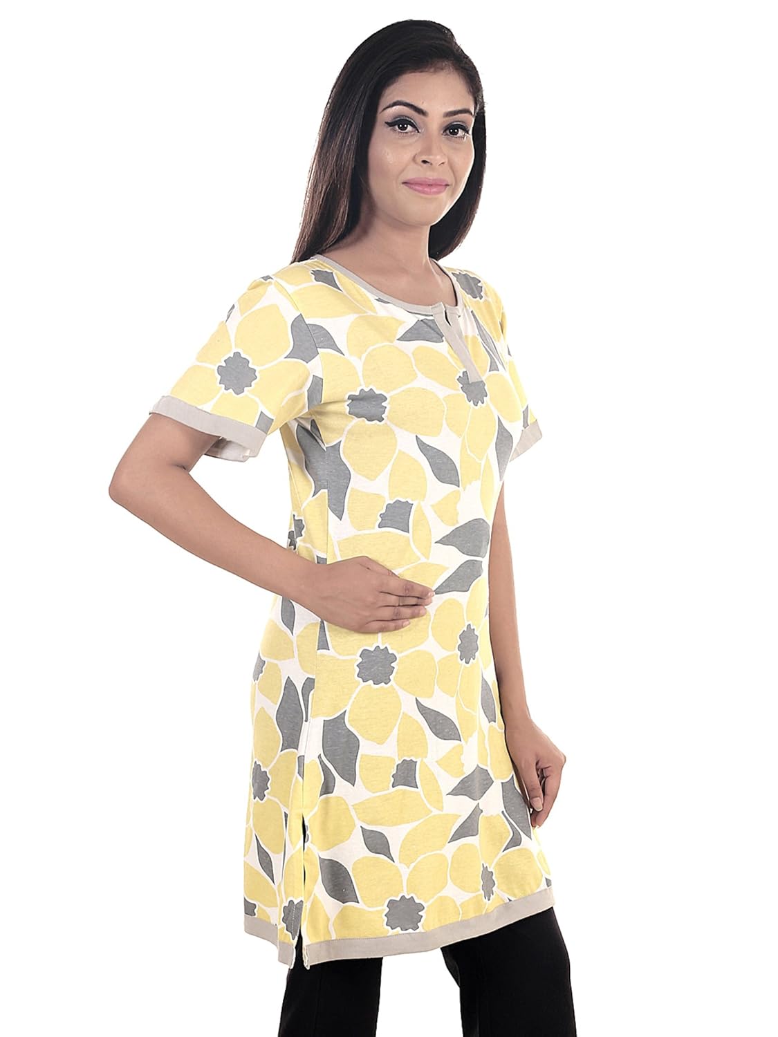 9teenagain women's cotton knitted nightwear top(yellow & grey printed)