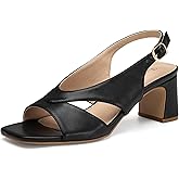 NEWBELLA Women's Square Toe Heeled Sandals - Slingback Strap Dress Shoes for Work Commute & Summer Outfits