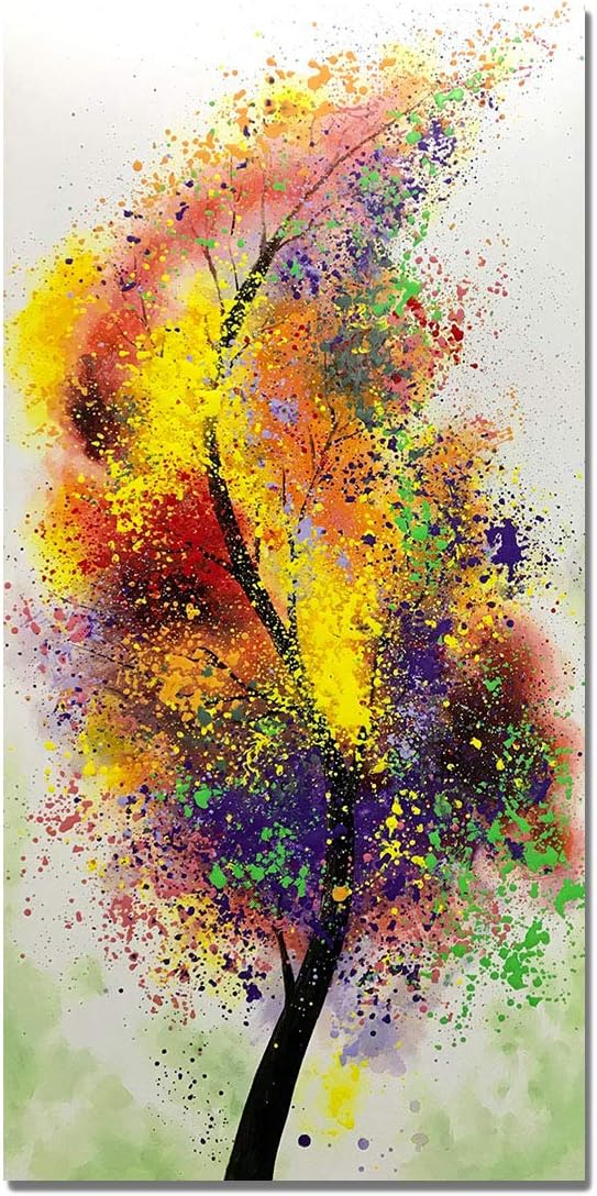 Paintings - Boiee Art,24x48Inch 100% Hand Painted Tree of Life Wall Art Colorful Canvas Painting Vertical Contemporary Artwork Lucky Tree Oil Hand Painting on Canvas Art Wood Inside Framed Ready to Hang