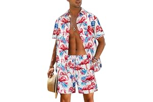 EISHOPEER Men's Hawaiian Shirts and Shorts Set 2 Pieces Button Down Short Sleeve Beach Vacation Outfits White & Flamingo