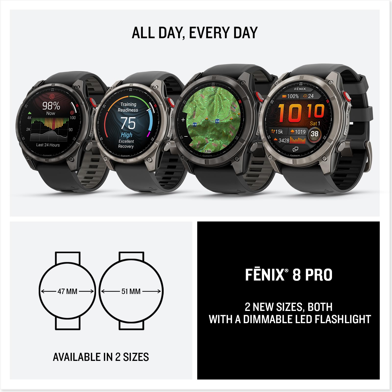 Garmin fēnix® 8 Pro, 47mm, AMOLED Display, Premium Connected Multisport GPS Smartwatch, inReach® Technology, Sapphire, Carbon Gray DLC Titanium with Black/Pebble Gray Silicone Band