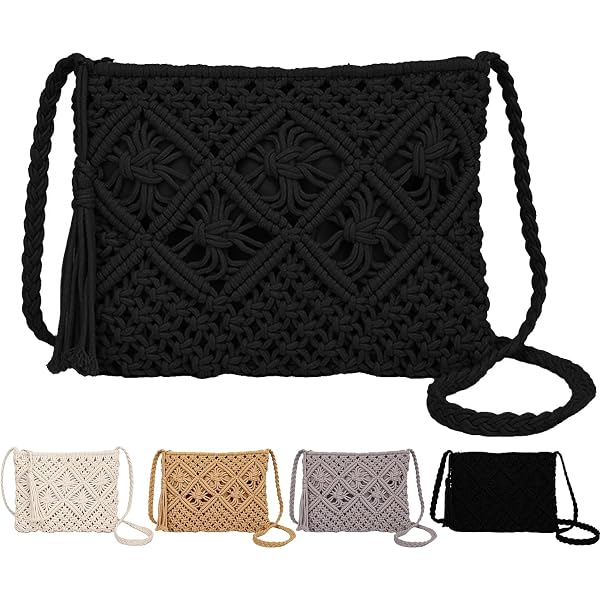 Hipster Woven Crochet Handbag, Drawstring Closure Women Mini Cotton Crochet Crossbody Bag Summer Beach  main image 2
