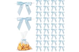TULOBI 50Pcs Baby Blue Twist Tie Bows for Gift Wrapping 2.5" Satin Ribbon Bow for Treat Bags Cake Balloons Birthday Party Favors Wedding Decorations