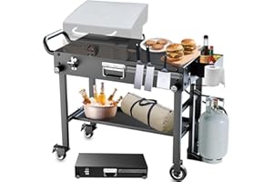 Arribueno Portable Stand for Blackstone 17 & 22 Inch Griddle - Sturdy Outdoor Grill Table for Ooni Pizza Oven, Ninja Woodfire Grills, Foldable Grill Cart w/Wheels, Gas Tank Mount & Storage Shelf