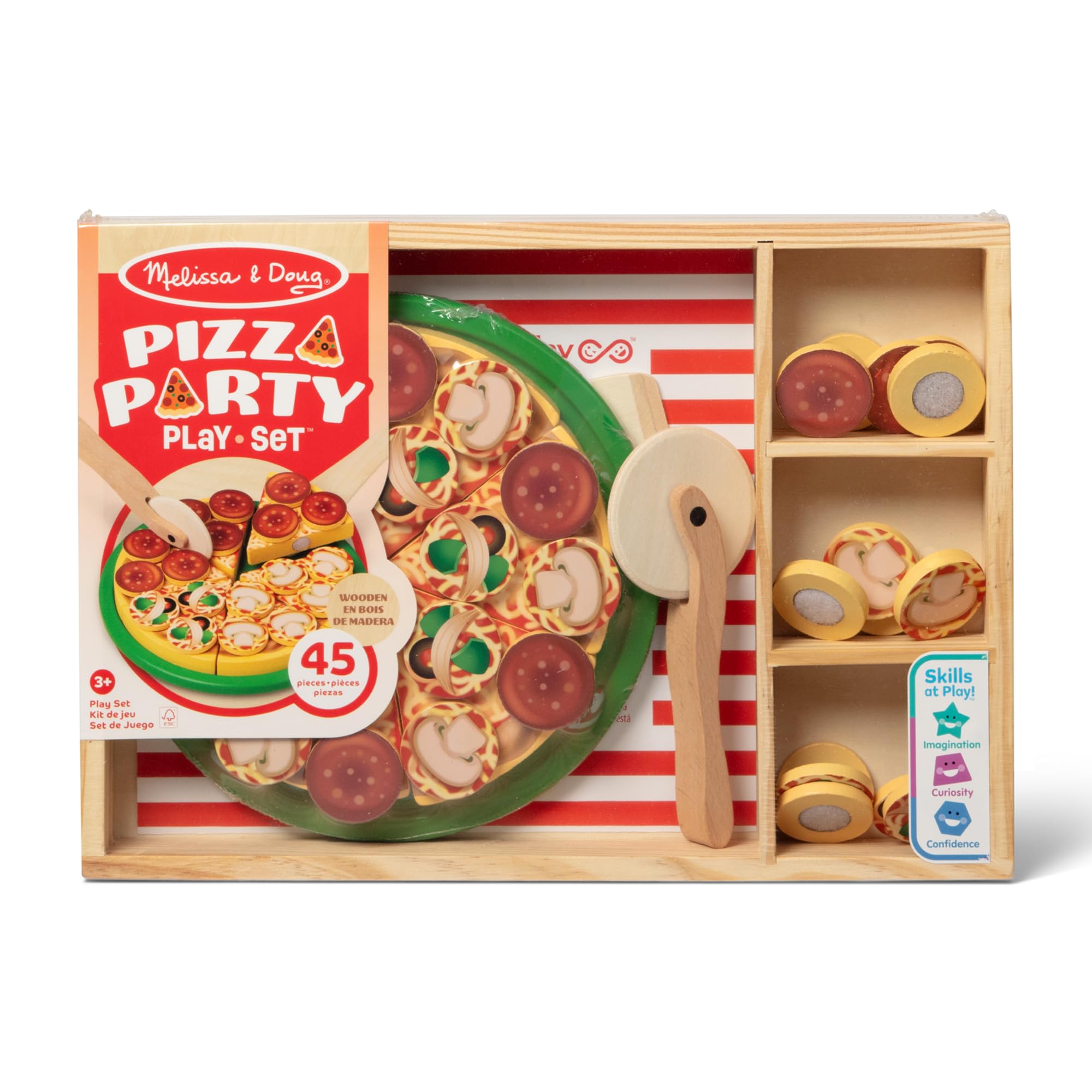 Melissa & Doug Wooden Pizza Party Play Set, 36 Self-Stick Toppings, Pizza Toy Kitchen Set & Play Kitchen Accessories, Preschool Toys for Boys & Girls 3+