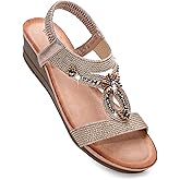 Goldnut Wedge Sandals for Women Dressy, Woman's Sandal Comfortable Low Wedges Heels Ankle Elastic Strap Sandles with Flower Rhinestones