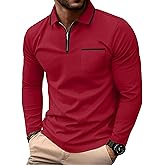 Askdeer Men's Polo Shirts Zip Long Sleeve Classic T-Shirts Casual Golf Shirts Stylish Collared Tee