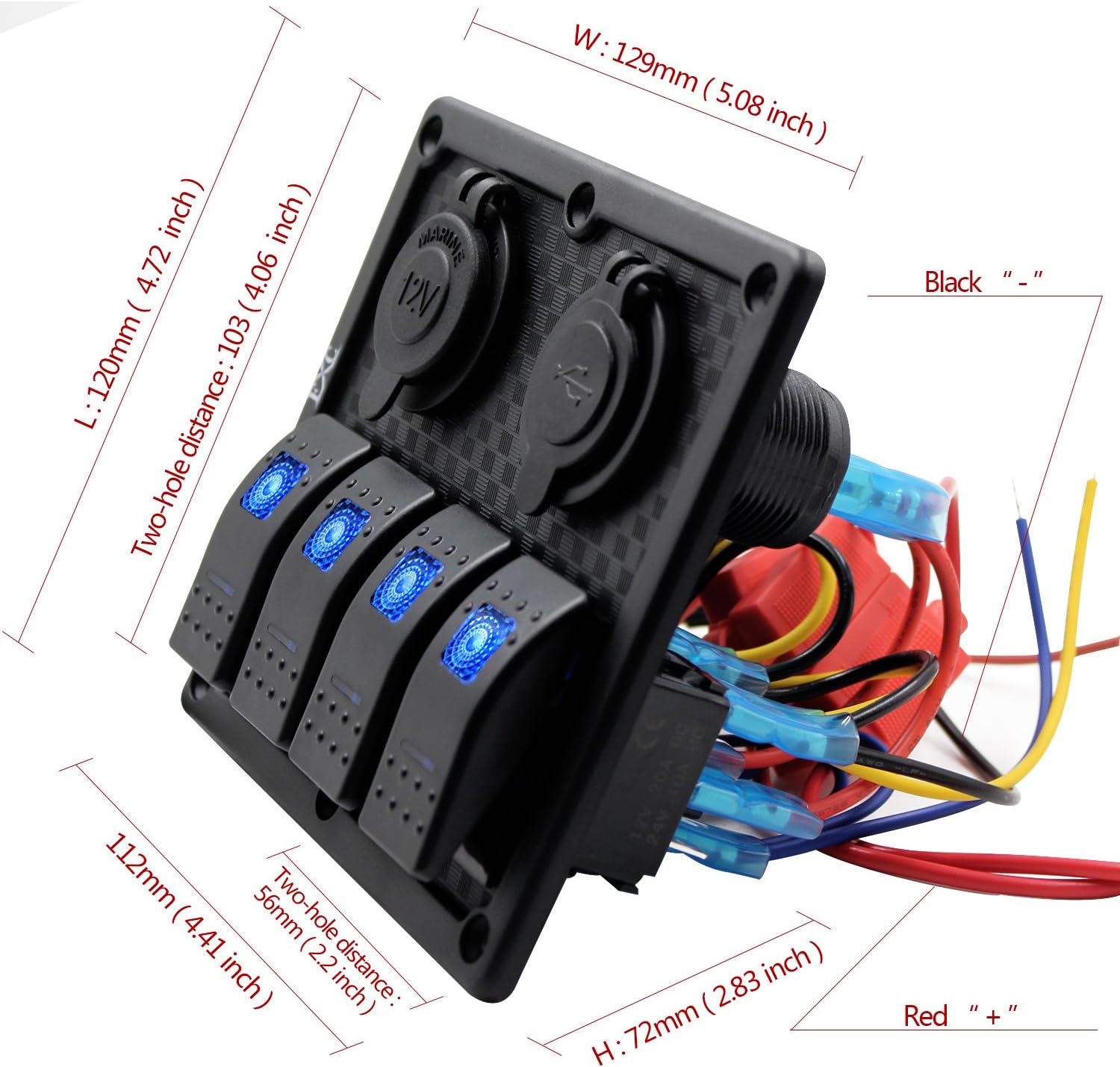 FXC Waterproof Marine Boat Rocker Switch Panel 4 Gang with Dual USB Slot Socket + Cigarette Lighter LED Light for Car Rv Vehicles Truck (4 Gang Blue Light) : Sports & Outdoors
