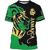 BJU Jamaica Flag T-Shirt Lion Tee Printed Crewneck Short Sleeve Casual Sports Top Unisex