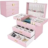 Dajasan Jewelry Boxes for Women Girls, Jewelry Storage Organizer, 4 Layers Large Jewelry Organizer Box with 2 Drawers for Friends, Wife or Mother Gift (Pink)