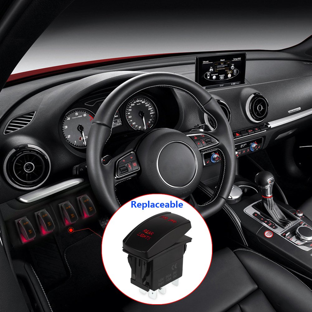 WATERWICH 5 Pin Rear Lights Illuminated Rocker Toggle Switch Waterproof with Jumper Wires Set DC 20A 12V/10A 24V Black Shell/ON-Off SPST Rocker Switch for Auto Truck Boat Marine RV Off Road