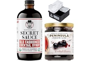 BARTENDER'S SECRET SAUCE Bartender’s Secret Sauce USDA Organic Old Fashioned Mix Bundle – Handcrafted Old Fashioned Syrup (16oz Bottle) with Gourmet Peninsula Premium Cocktail Cherries (10.5oz) & 2”x2” Ice Mold – Makes 64 Cocktails – Just Add Bourbon or Rye