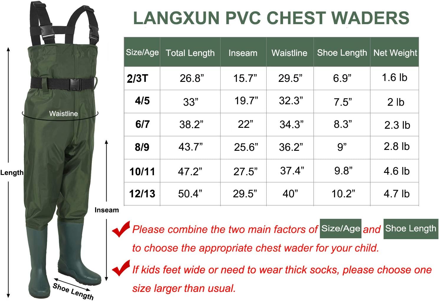 LANGXUN Hip Waders for Kids, Lightweight and Breathable PVC Fishing Waders for Children, Waterproof Bootfoot Waders for Boy and Girl, Army Green Chest Waders for Women : Sports & Outdoors