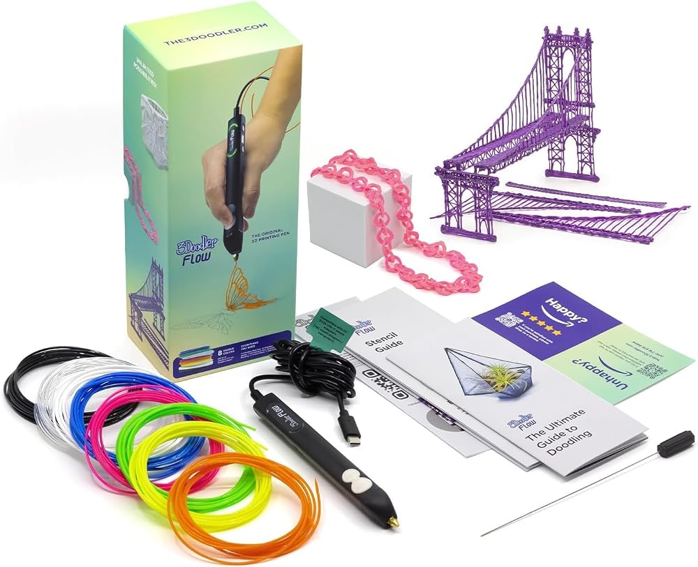 3Doodler Flow 3D Printing Pen Black with Free Filaments & Stencil Book