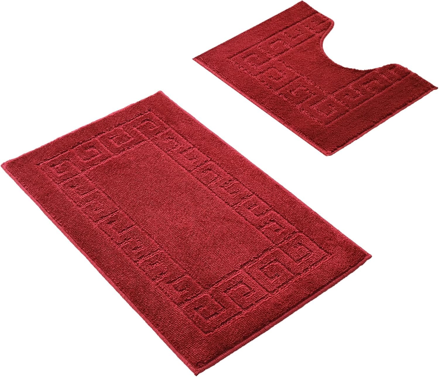 Paradise Products Greek Style Bath Mat Set 2-Piece Non-Slip Bathroom Mats, Shower Mat & Pedestal Mat Soft Washable Quick-Dry Bath Mats for Bathroom Floor Anti-Mould Bath Rug Set (Red)