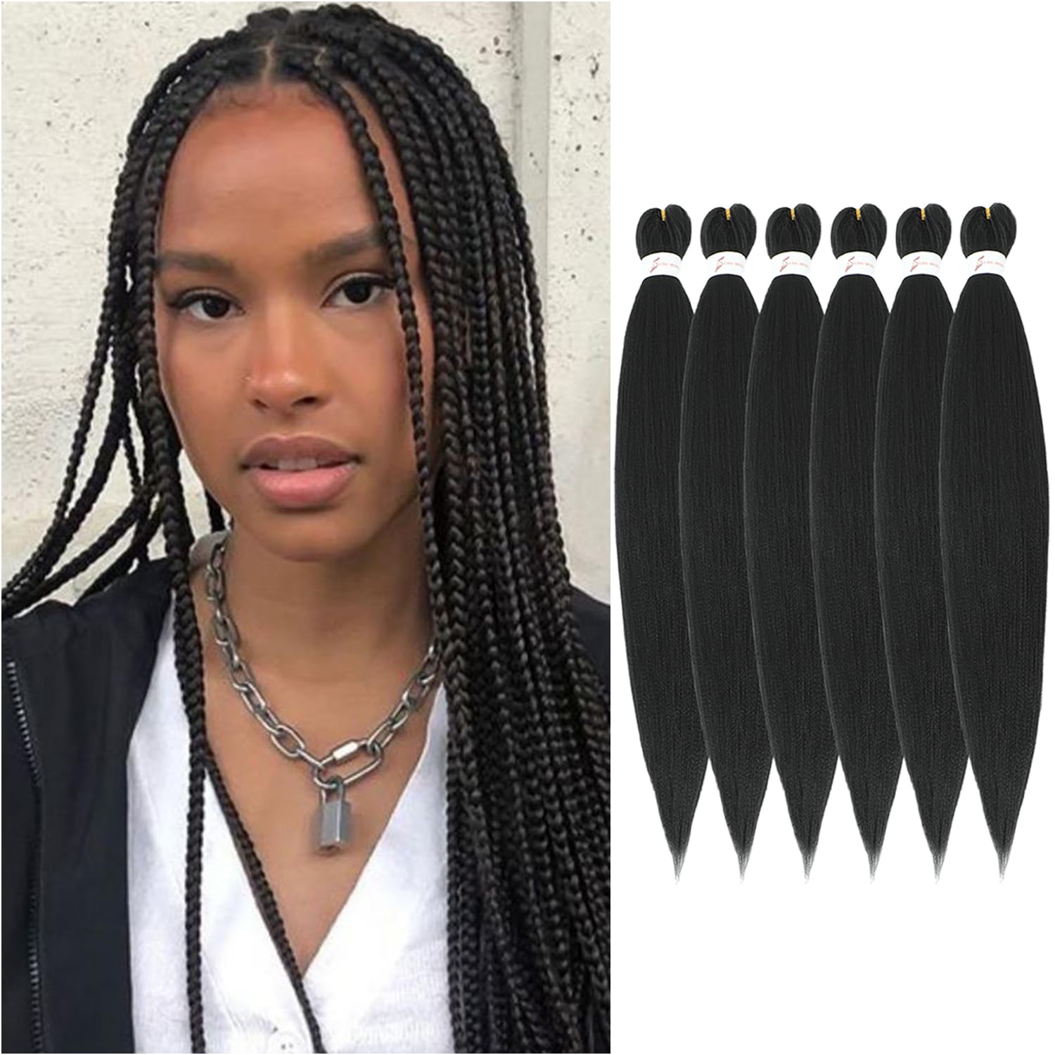 Pre-stretched Braiding Hair 6 Packs Professional Synthetic Fiber EZ Braids Yaki Texture Braiding Hair Extensions (30 inch,1B)