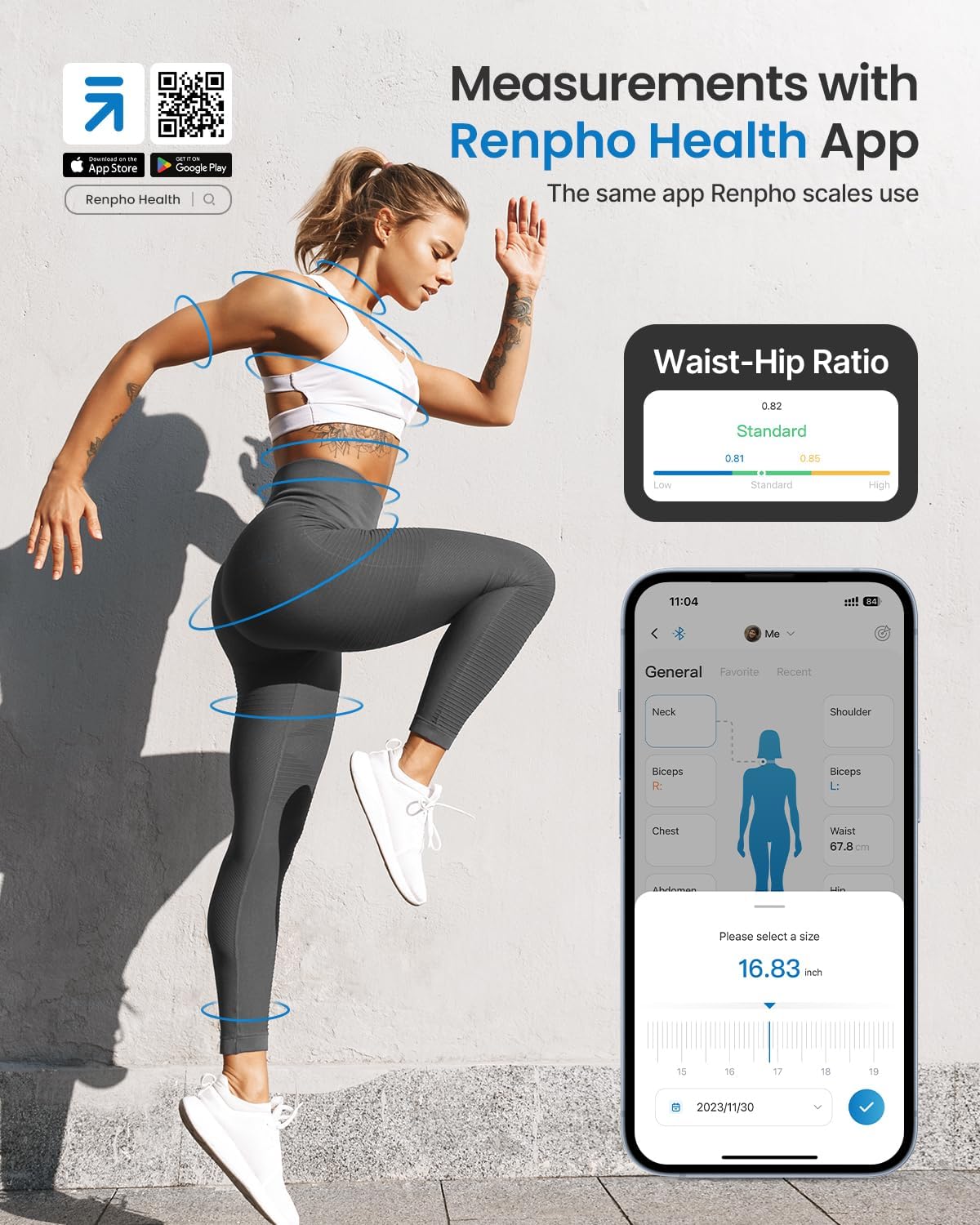 RENPHO Body Measuring Tape, Bluetooth Smart Tape Measure with Lock Hook & Retractable Function, Accurate Body Fat Measurement Device for Weight Loss, Muscle Gain, Fitness Bodybuilding, 60in /150cm