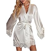 OYOANGLE Women's Satin Robe Lace Embroidery Long Sleeve Belted Bride Bathrobe Wedding Party Sleepwear