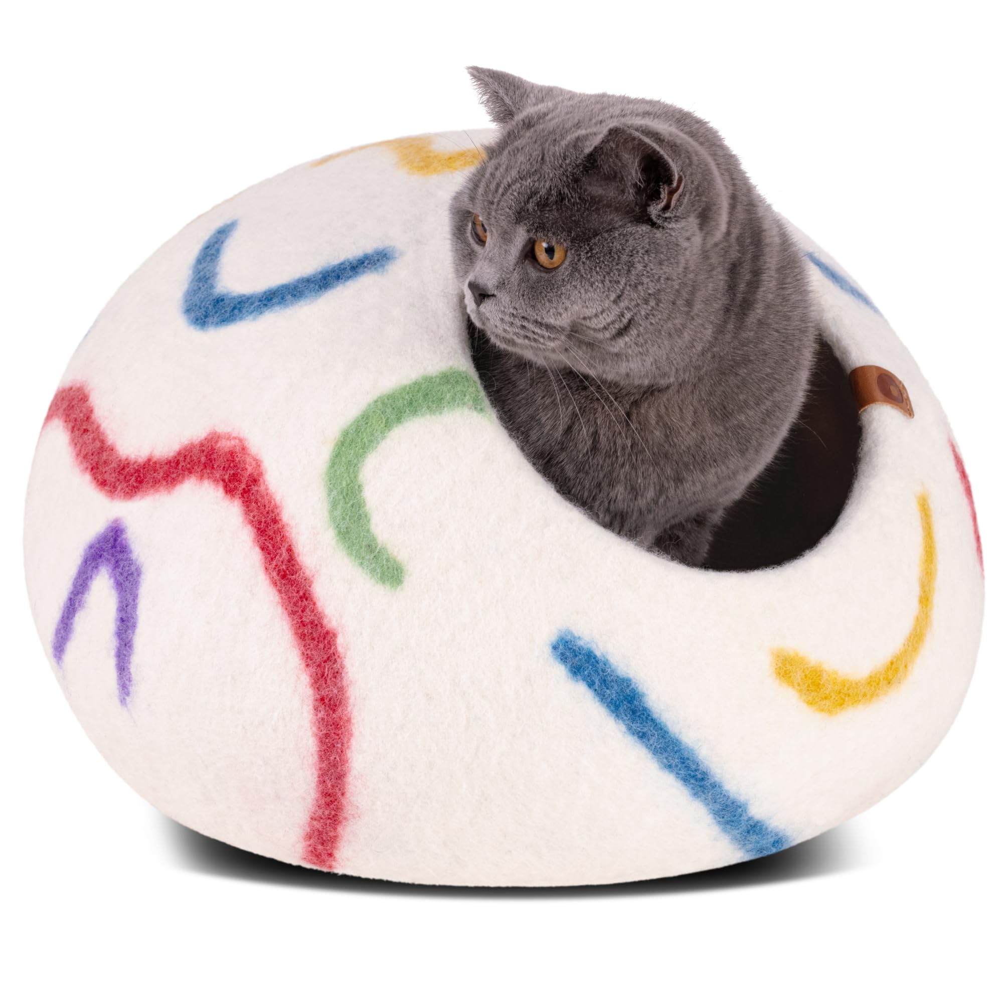MEOWFIA Cat Cave – Premium Felt Cat Bed for Indoor Cats, Handmade Merino Wool (Ivory Rainbow, Medium) — image 1