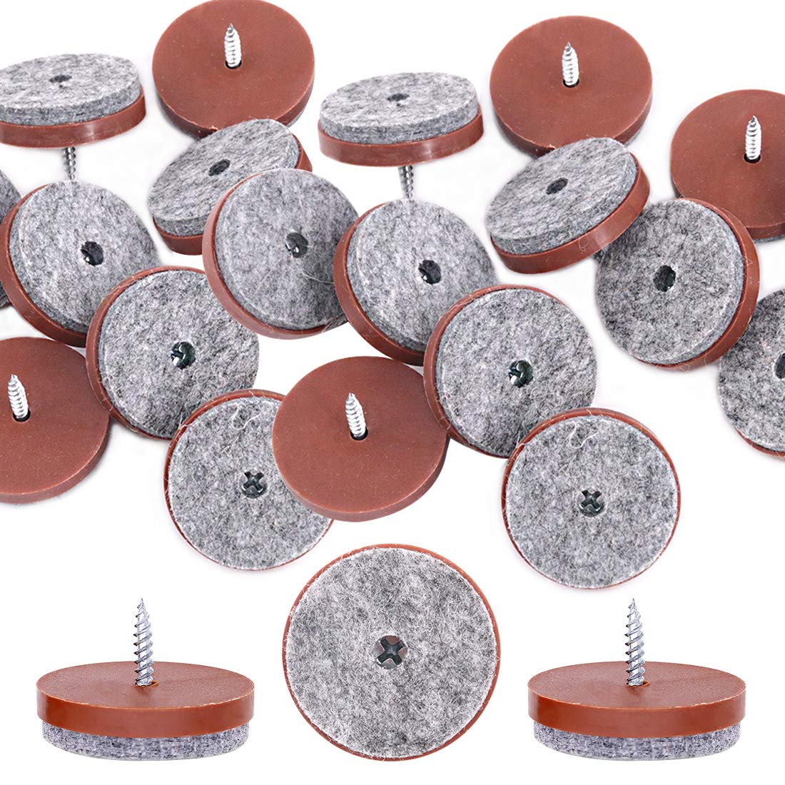 Glarks 20Pcs 38mm Brown Screw-on Furniture Antiskid Felt Pad Slider Floor Protector for Wooden Leg Feet of Chair Table Sofa Stool (20Pcs 38MM)