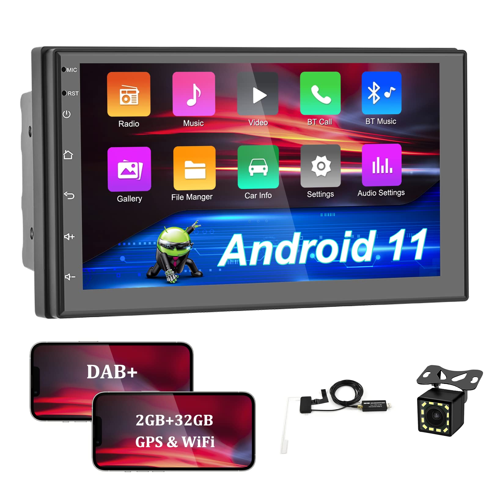 (2GB+32GB) Camecho 2 Din Android Car Stereo DAB Bluetooth Car Radio 7 Inch Touch Screen Car Stereo with Sat Nav Support FM/RDS Radio Mirror Link Steering Wheel Control + Reversing Camera & Microphone