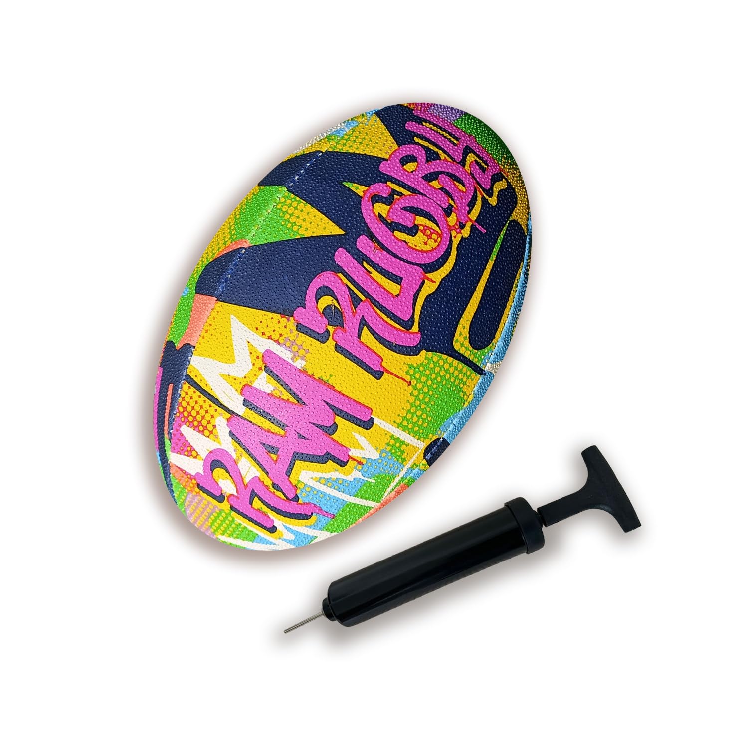 Ram Rugby Fun Graffiti Squad Trainer Rugby Ball & Mini Pump - Available in Size 5, 4, 3, & 1 (Mini) - For Kids & Adults - Club Quality Training Rugby Ball – Great