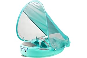 AnjeeIOT Baby Pool Float Mambobaby Floats with Canopy - Baby Swim Float Non-Inflatable with Skin-Friendly Fabric Add Tail Avoid Flip Over Infant Float for Boys Girls 3-24 Months, Green