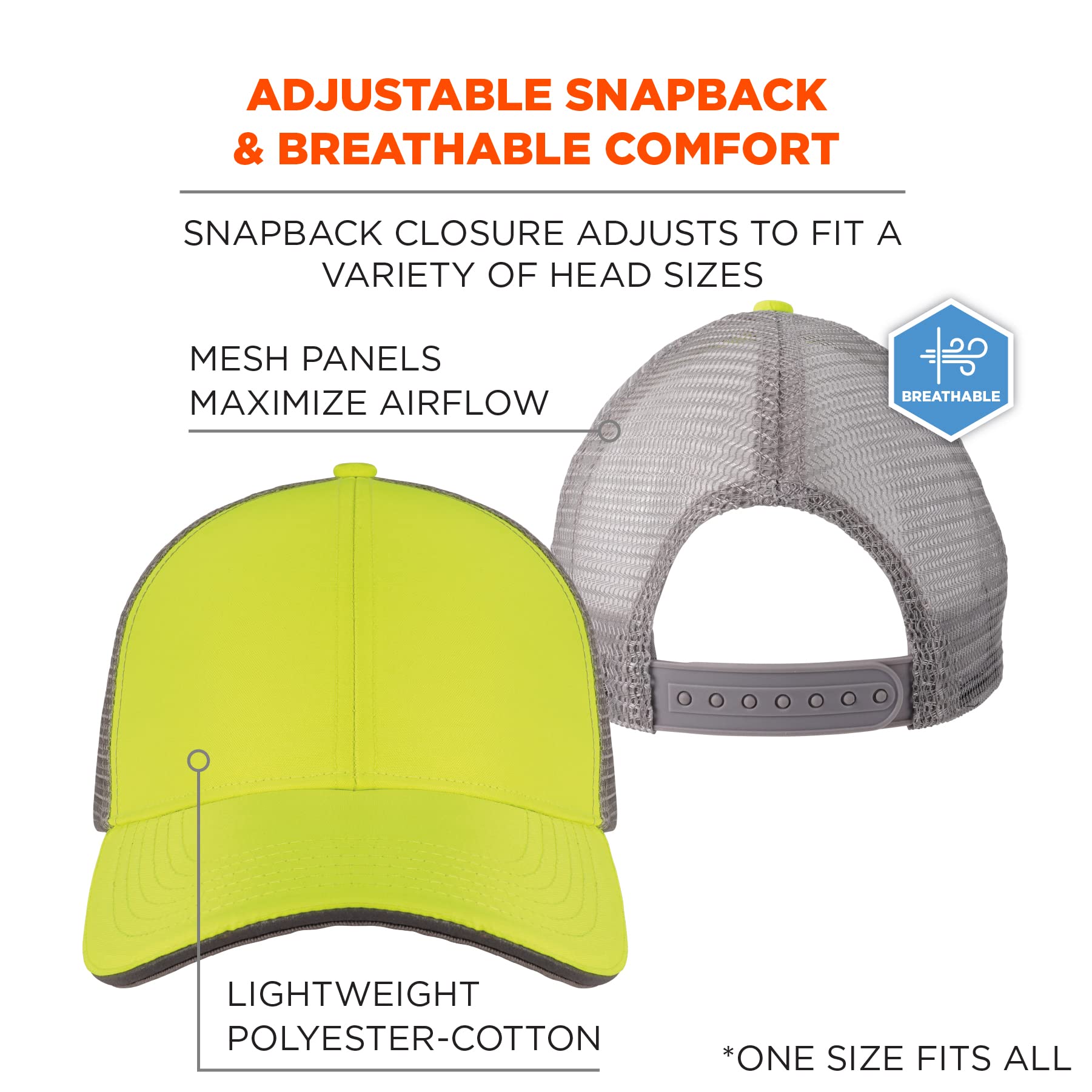 Ergodyne Womens Cap, Blank High Visibility Reflective Snapback Hat, Baseball Cap, Lime-Blank
