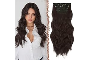 FESHFEN Clip in Hair Extensions 4PCS Dark Brown Thick Hair Piece Long Wavy Clip in Extensions Full Head Synthetic Fiber Hairp