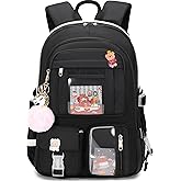 Backpack for Girls with Accessories Laptop Bookbags 16 Inch Kawaii Kids Elementary Middle High School Bag College Travel Daypack Gifts for Teens Women Students (Black)