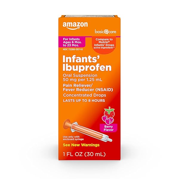 AMAZON BASIC CARE INFANTS’ IBUPROFEN ORAL SUSPENSION DROPS, 50 MG PER 1.25 ML, BERRY FLAVOR, FOR MINOR ACHES AND PAINS, SORE THROAT, HEADACHE RELIEF AND MORE, 1 FL OZ (PACK OF 1)