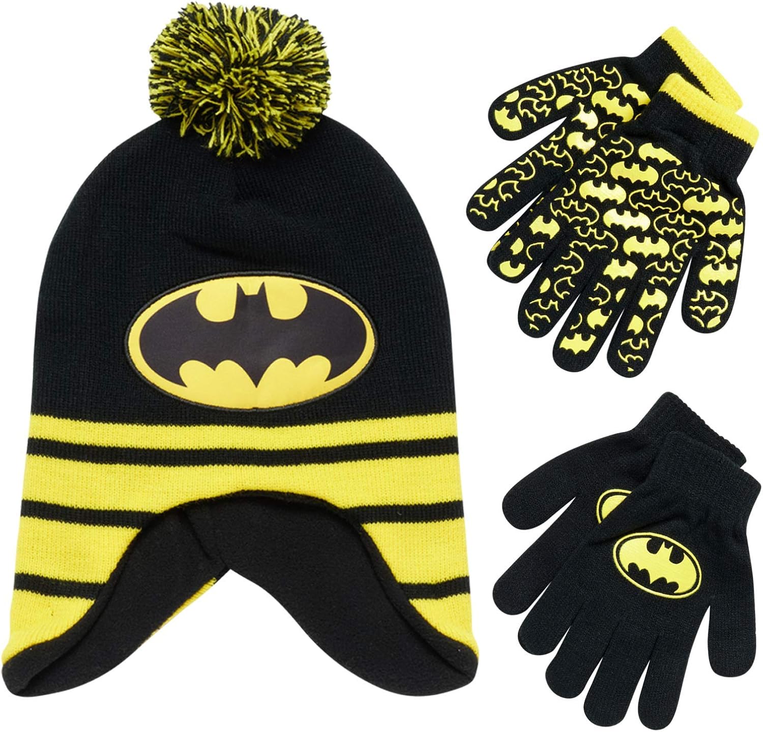 DC Comics Boys Batman Winter Hat and 2 Pack Gloves or Mittens Set (Toddler/Little Boys): Clothing