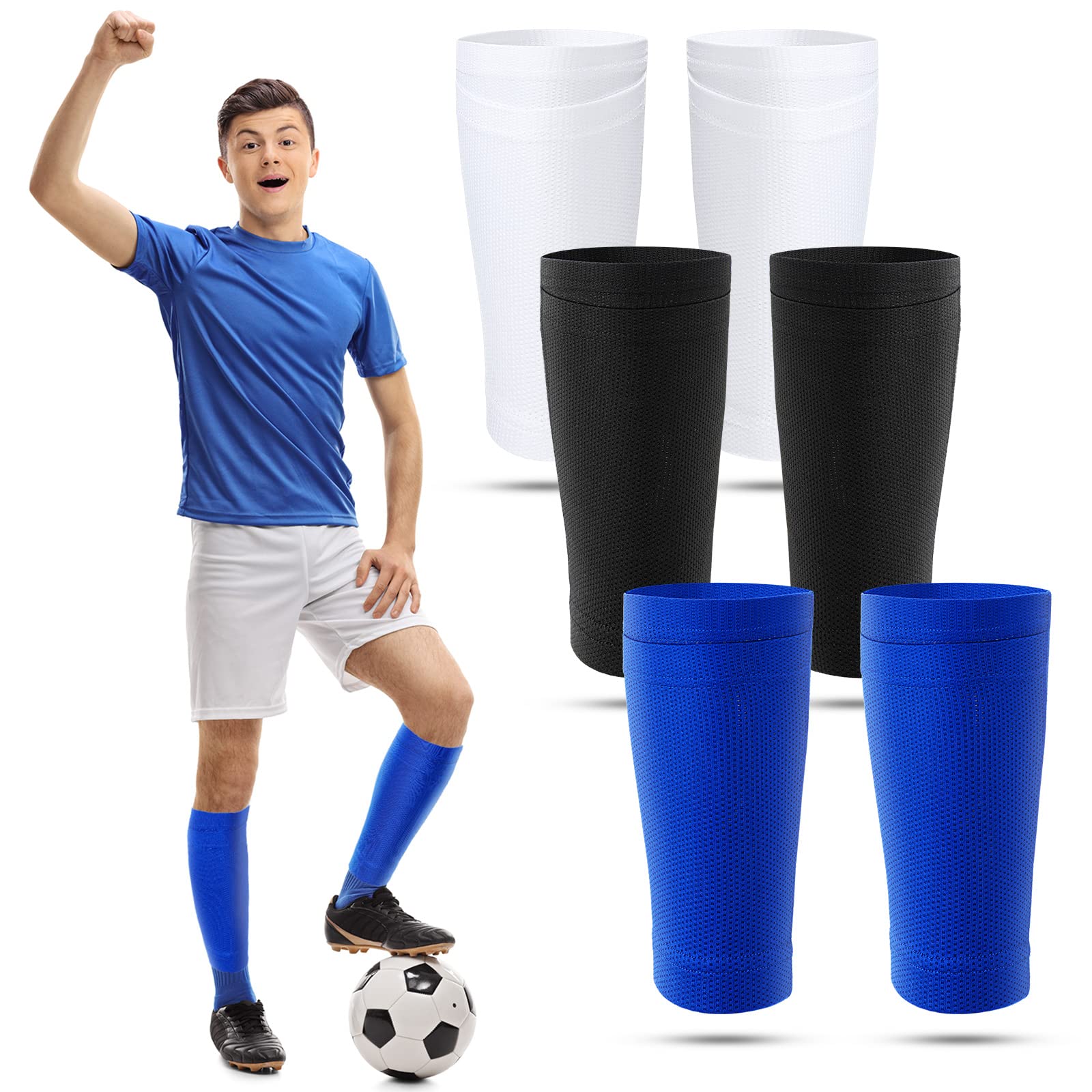 Photo 1 of Boyiee 3 Pairs Kids Shin Guard Sleeves Youth Soccer Shin Guard Socks Breathable Calf Covers Holders Soccer Socks with Pockets(White, Black, Blue,Medium)