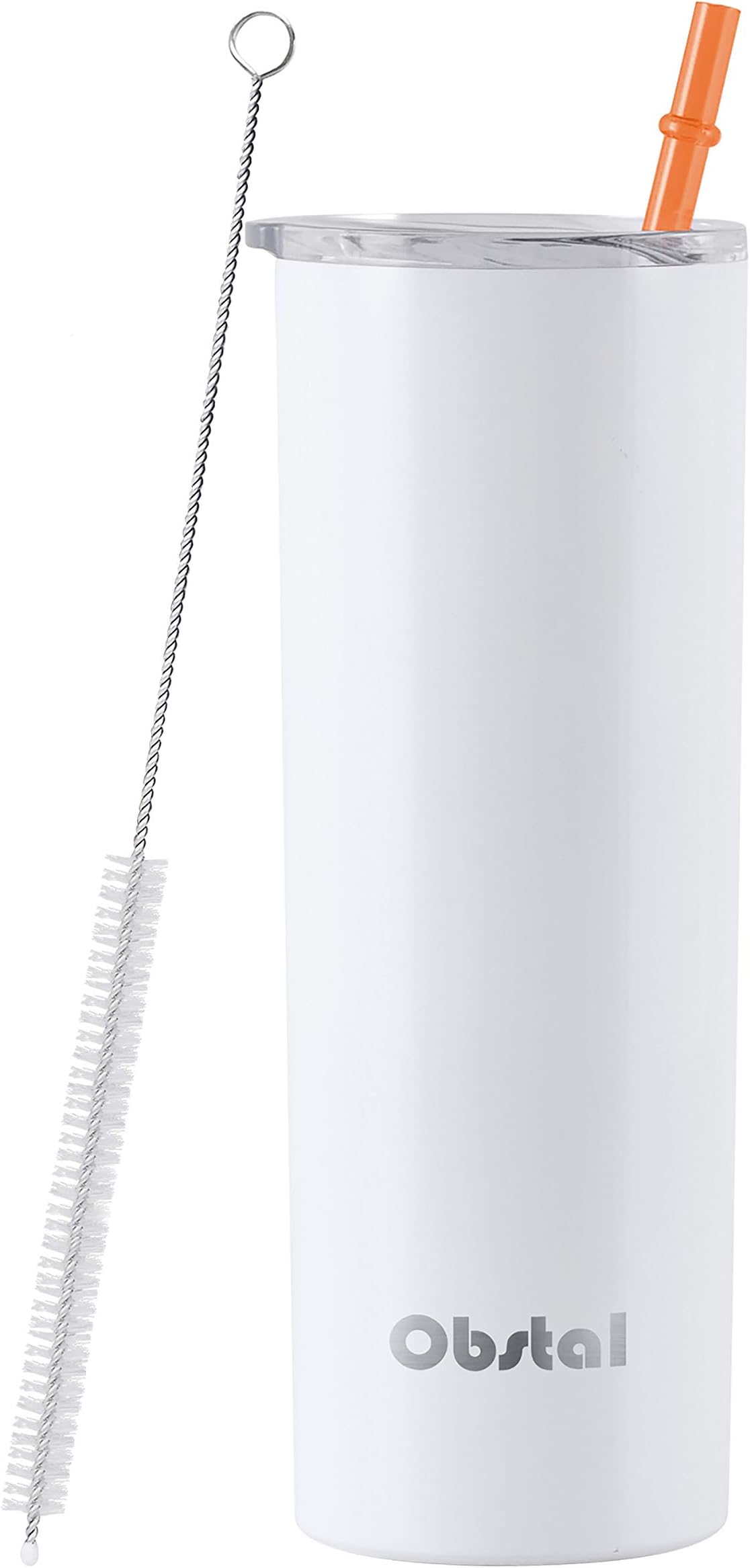 Obstal Skinny Tumbler Stainless Steel, 20oz Double Wall Vacuum Insulated Tumbler with 4 Straws, Clear Lid and Straw Brush (White, 1)