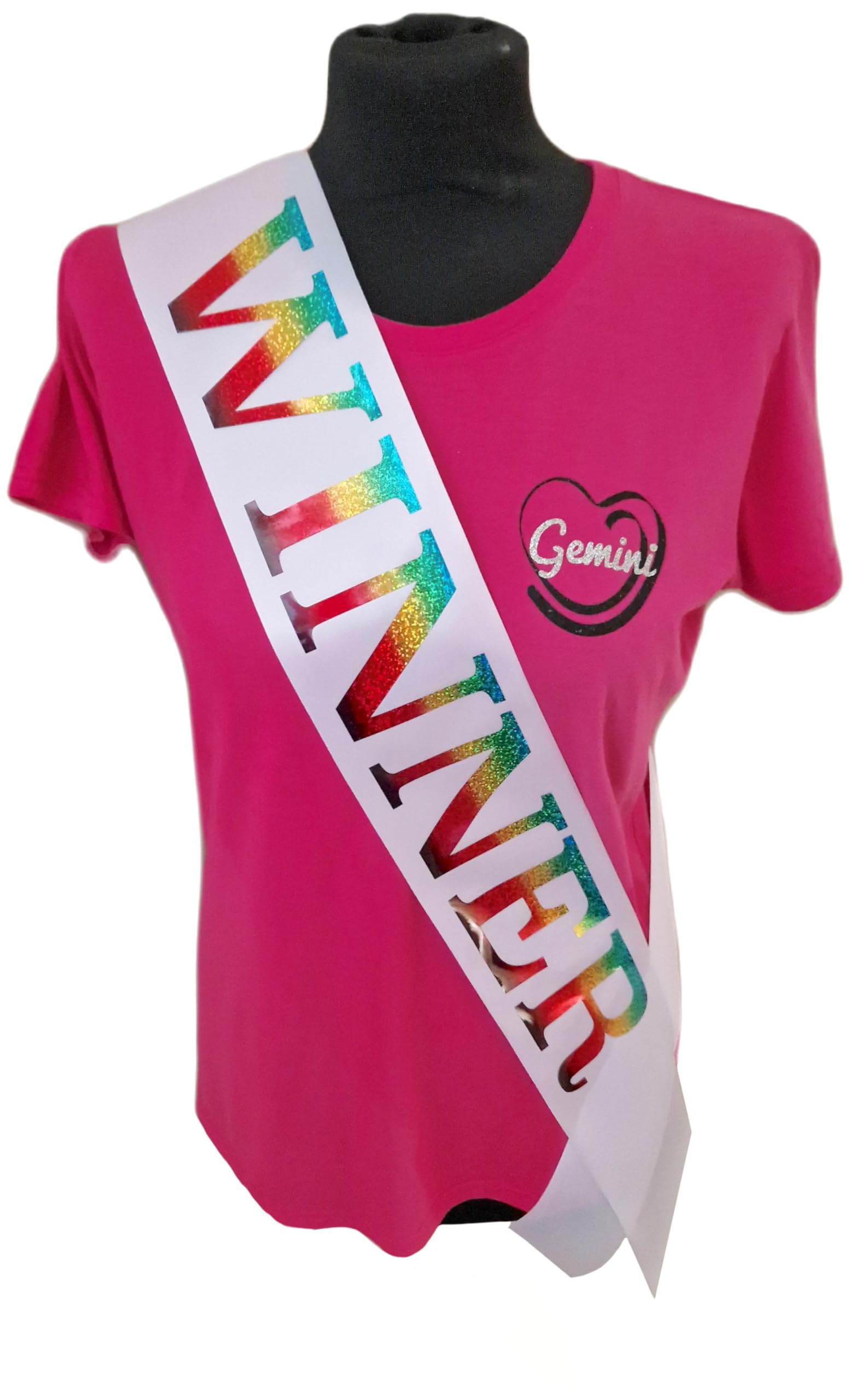 White Winner Competition Sash - Beautiful White Satin Ribbon with Rainbow Holographic Glitter Lettering - 1st Place - First Place