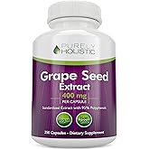 Purely Holistic Grape Seed Extract 20,000mg - 250 Vegan Capsules - 8+ Month Supply - Standardized to 95% Polyphenols - 400 mg per Capsule - Maximum Strength Grapeseed - Non-GMO & Pesticide Free