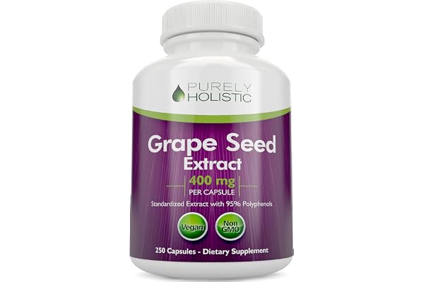 Purely Holistic Grape Seed Extract 20,000mg - 250 Vegan Capsules - 8+ Month Supply - Standardized to 95% Polyphenols - 400 mg