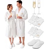 6 Pcs Mr and Mrs Robes Set for Couples | Embroidered Waffle Matching Bathrobes, Champagne Flutes &amp; Slippers, Ideal for Wedding, Anniversary, Bridal Shower Gifts