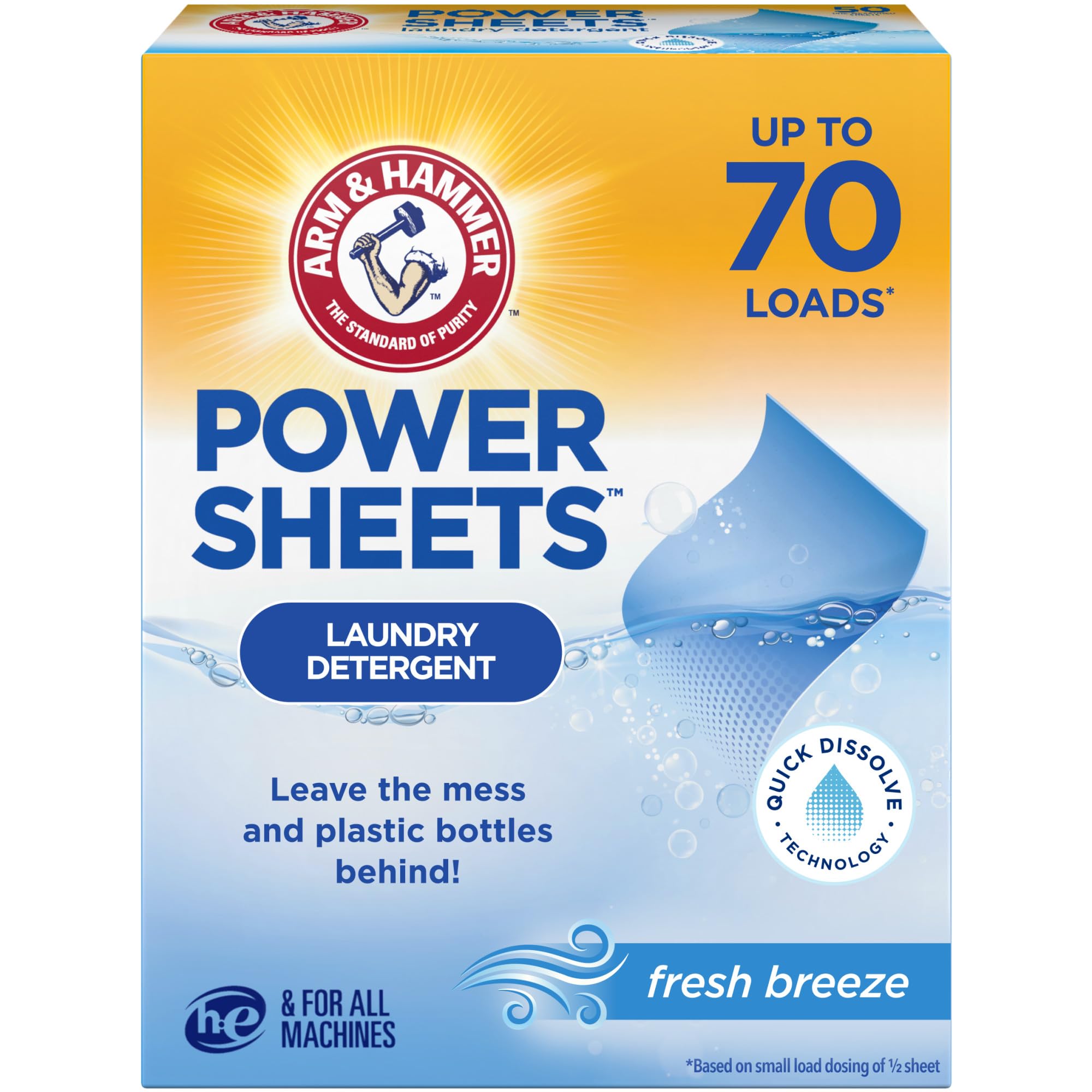 Photo 1 of ARM & HAMMER Power Sheets Laundry Detergent, Fresh Breeze Scent, No Mess, Lightweight and Travel-Friendly, 35 Count, Up to 70 Small Loads